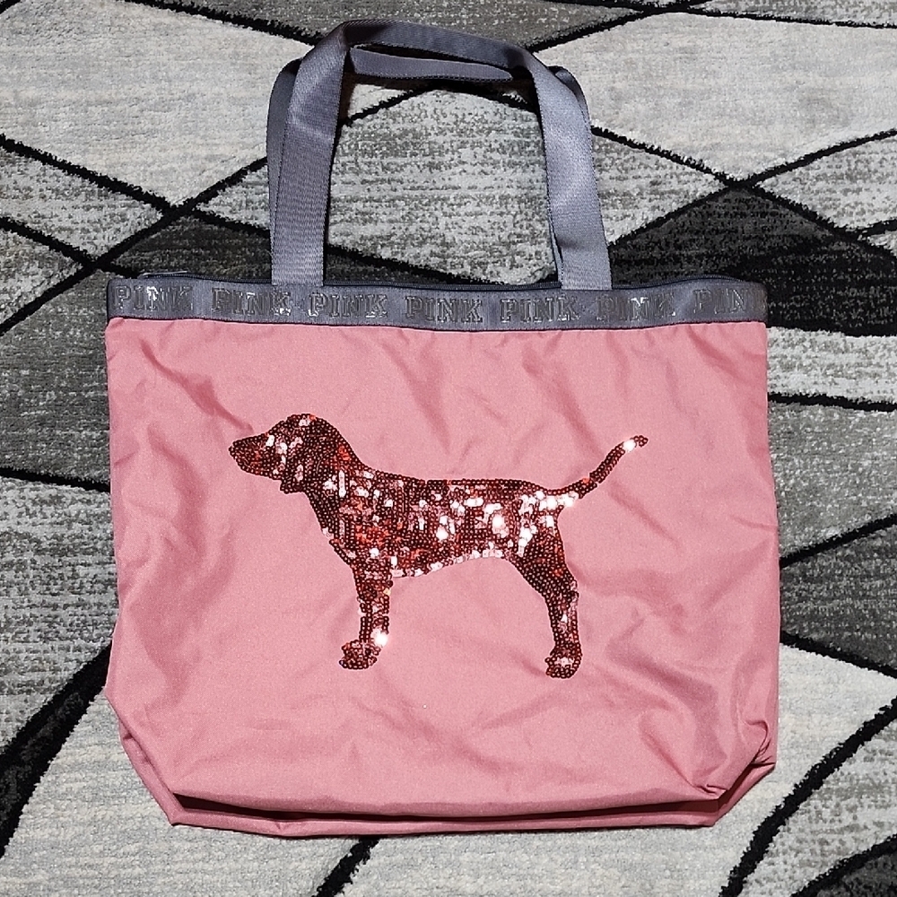 VS PINK 2016 PINK SEQUINS DOG NYLON TOTE BAG FULL-ZIP